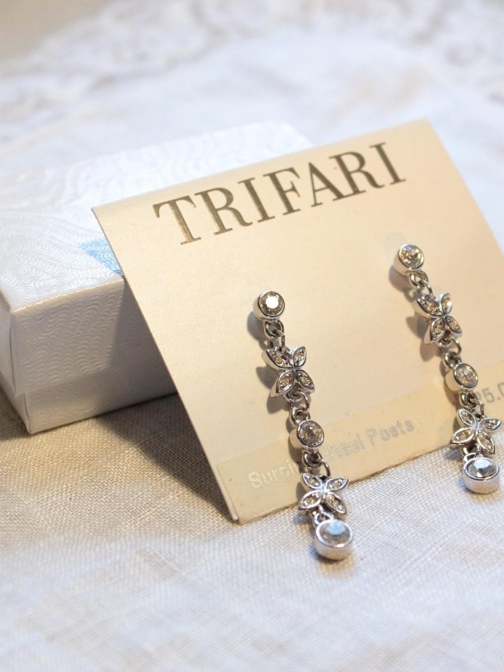 Trifari Silver Floral Crystal Drop Earrings
